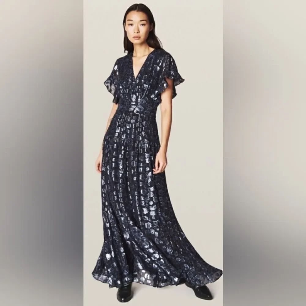 ba&sh Gemma metallic leopard-print silk Maxi Dress NWT size XS Black